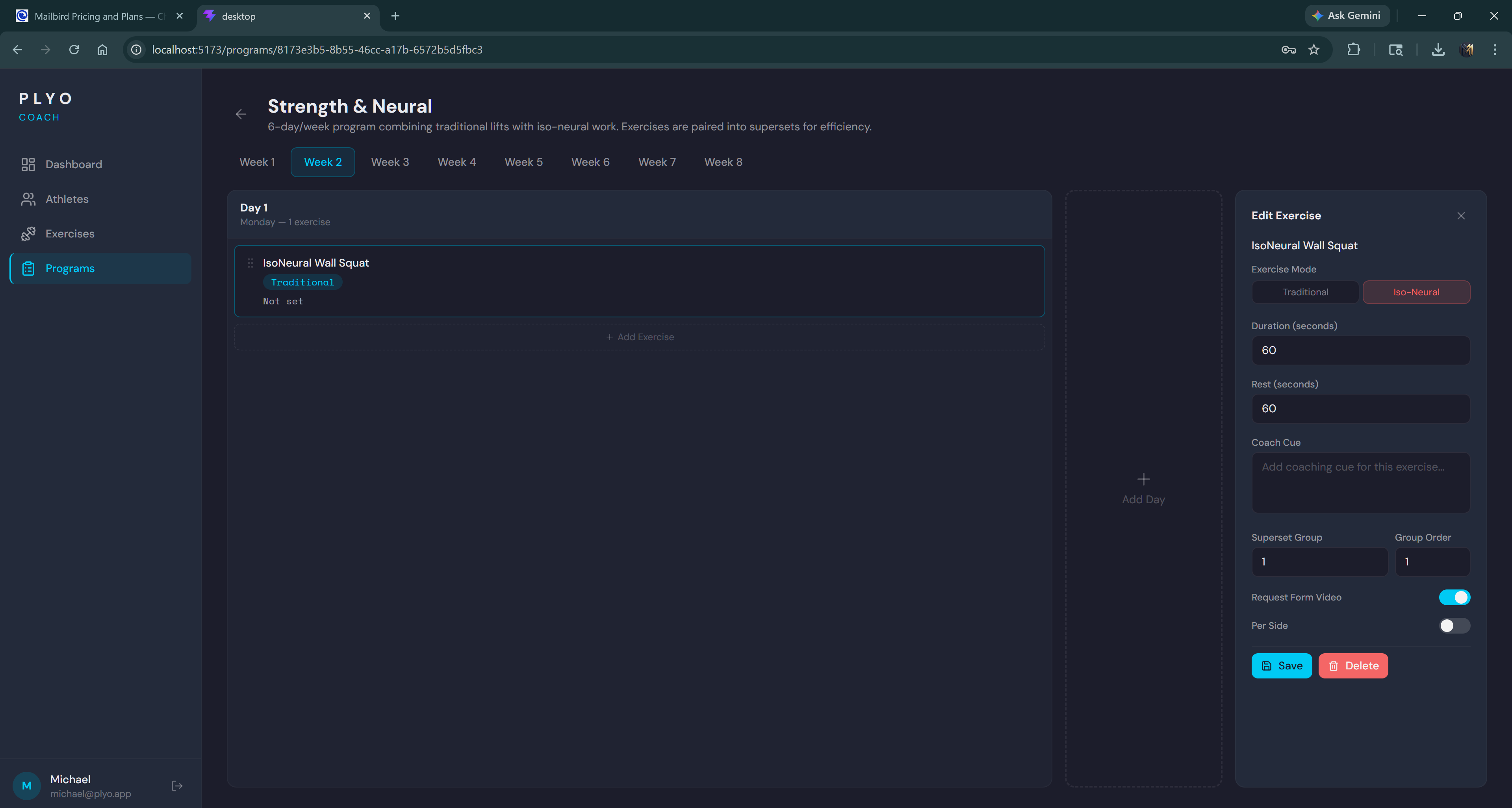 Plyo coach portal — program builder, week 2, IsoNeural Wall Squat selected